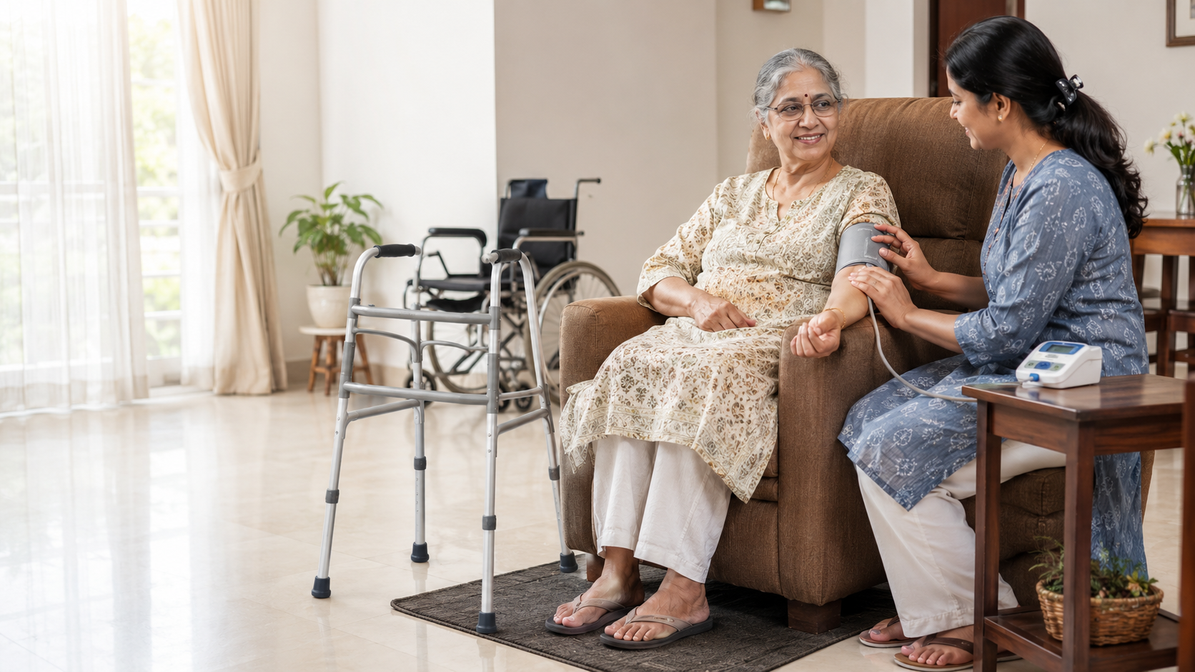 Chennai home recovery room prepared with adjustable bed, wheelchair, walker and commode chair