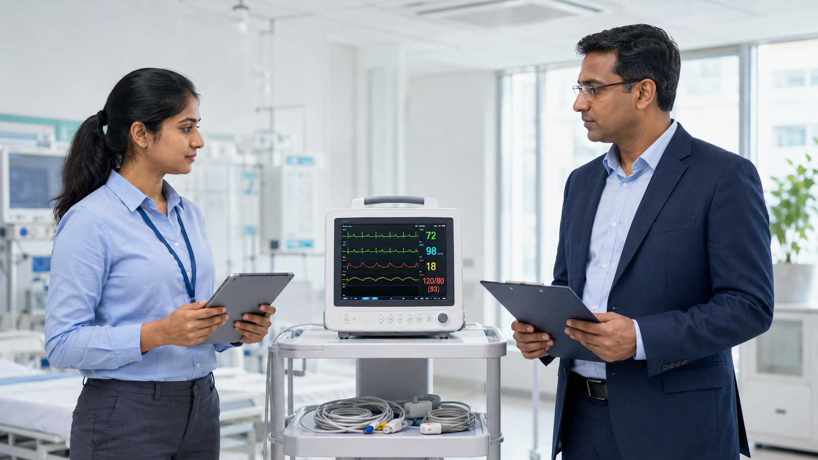 Biomedical engineer and hospital administrator inspecting patient-monitor specifications and accessories