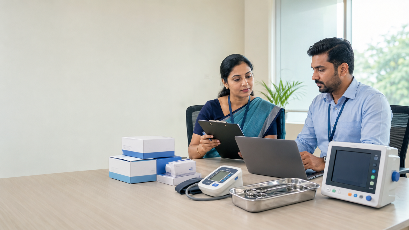 Medical procurement professional preparing a structured product and quantity checklist
